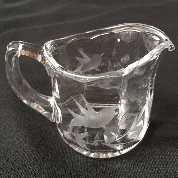 Unmarked Other - Clear Glass Small Milk Creamer Pitcher Cup Hummingbird Leaf Etch Ribbed Vintage